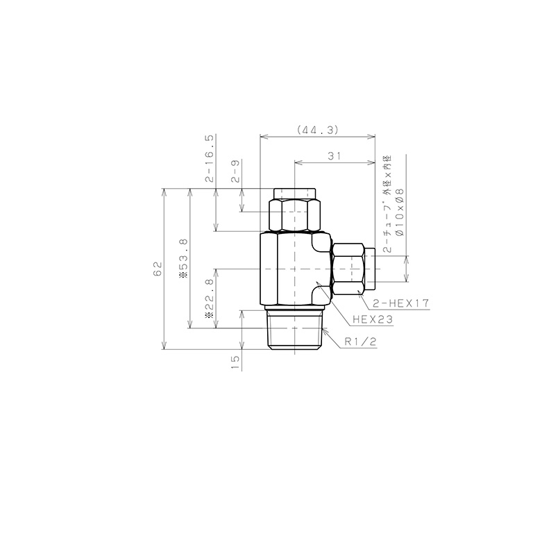 Bản vẽ kỹ thuật Đầu Ngạnh Nối Ống Có Đai Ốc Xiết Dạng Chữ T Ren Ngoài Pisco NSD1080-04
