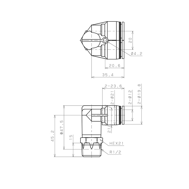 Bản vẽ kỹ thuật Đầu Nối Nhanh Khí Nén Hai Nhánh Cong 90° Ren Ngoài Pisco PAX12-04SUS