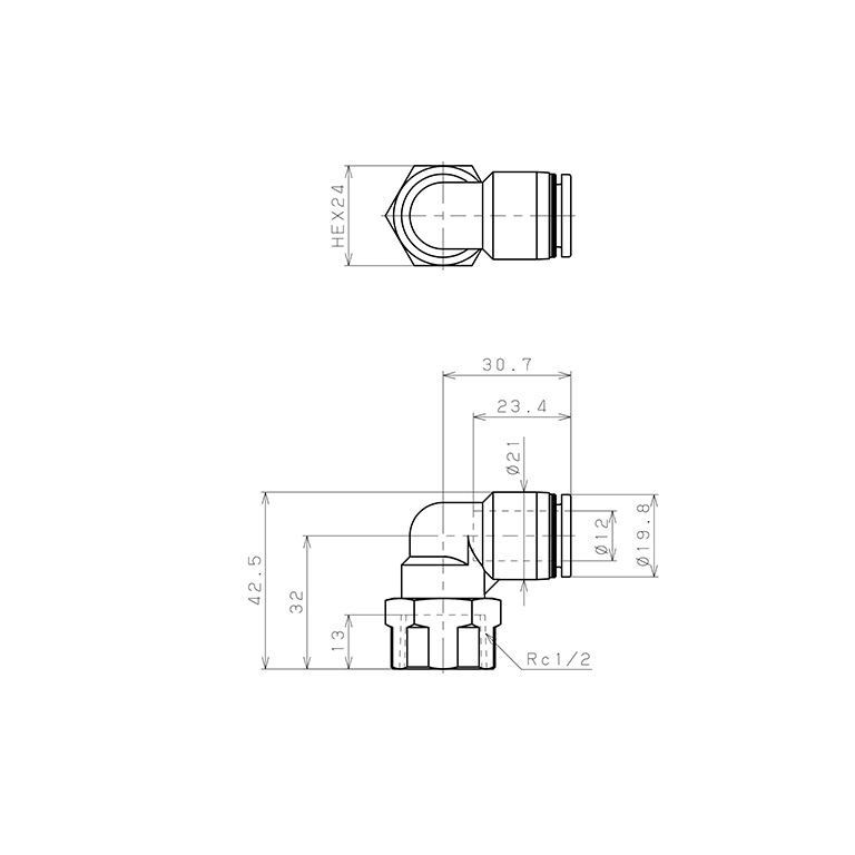 Bản vẽ kỹ thuật Đầu Nối Nhanh Khí Nén Dạng Cong 90° Ren Trong Pisco PLF12-04