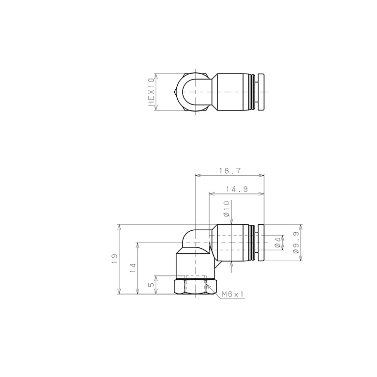 Bản vẽ kỹ thuật Đầu Nối Nhanh Khí Nén Dạng Cong 90° Ren Trong Pisco PLF4-M6-UC