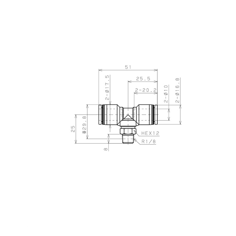 Bản vẽ kỹ thuật Đầu Nối Nhanh Khí Nén Dạng Chữ T Ren Ngoài Pisco PB10-01-C