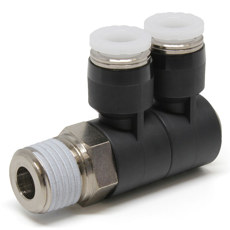Đầu Nối Nhanh Khí Nén Hai Nhánh Cong 90° Thân Lục Giác Trụ Ren Ngoài Pisco PHW1/4-02-UC