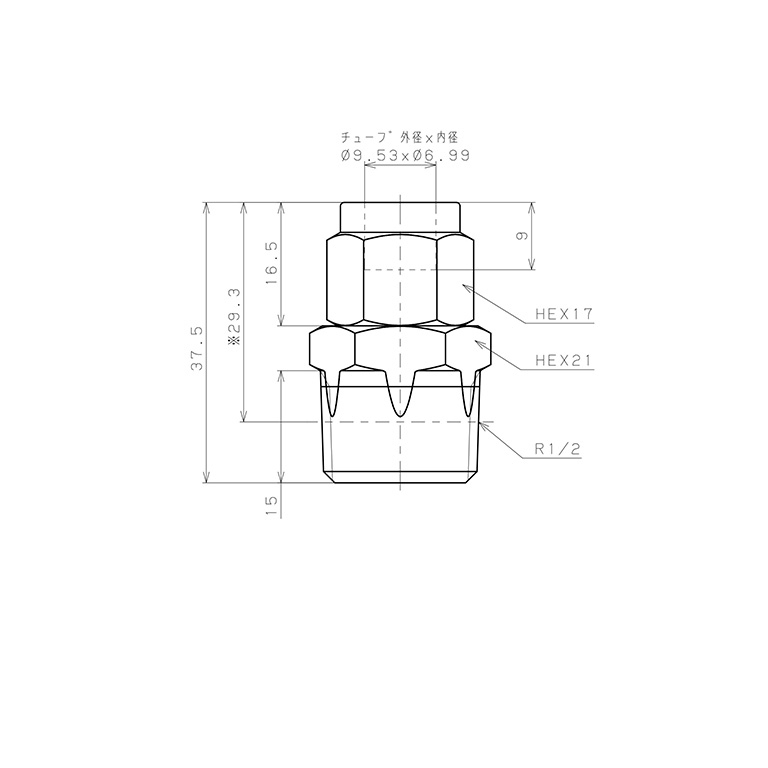 Bản vẽ kỹ thuật Đầu Ngạnh Nối Ống Có Đai Ốc Xiết Dạng Thẳng Thân Lục Giác Ren Ngoài Pisco NSC3/8-04-TP