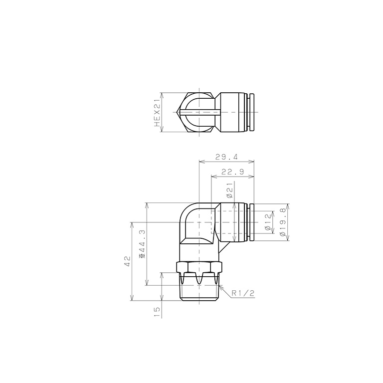 Bản vẽ kỹ thuật Đầu Nối Nhanh Khí Nén Dạng Cong 90° Ren Ngoài Pisco SPPL12-04SP