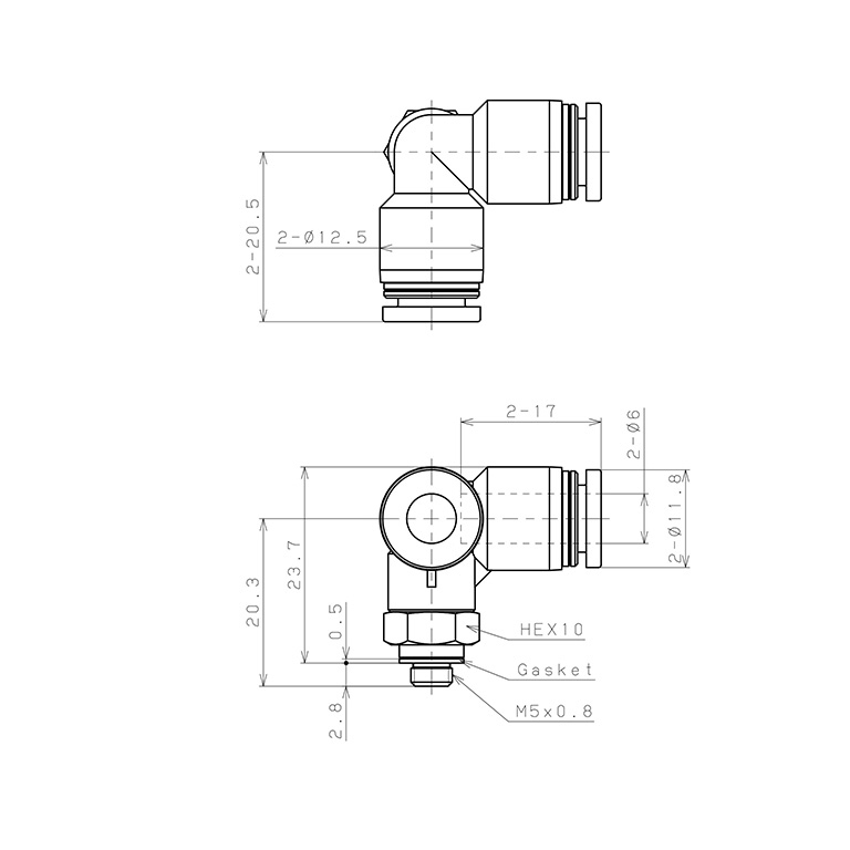 Bản vẽ kỹ thuật Đầu Nối Nhanh Khí Nén Hai Nhánh Chạc Ba Cong 90° Ren Ngoài Pisco PVX6-M5