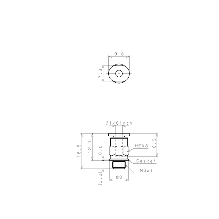 Bản vẽ kỹ thuật Đầu Nối Nhanh Khí Nén Dạng Thẳng Thân Lục Giác Ren Ngoài Pisco PC1/8-M6M