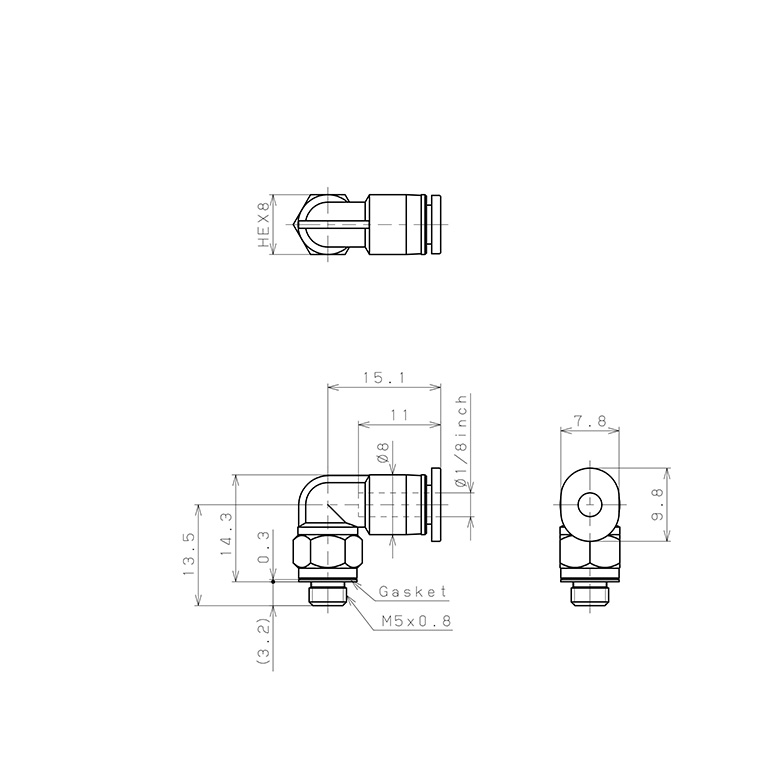 Bản vẽ kỹ thuật Đầu Nối Nhanh Khí Nén Dạng Cong 90° Ren Ngoài Pisco PL1/8-M5M-C