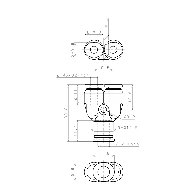 Bản vẽ kỹ thuật Đầu Nối Nhanh Khí Nén Chữ Y Dạng Nối Giảm Pisco PW1/4-5/32M