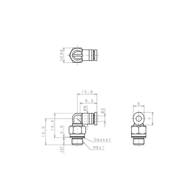 Bản vẽ kỹ thuật Đầu Nối Nhanh Khí Nén Dạng Cong 90° Ren Ngoài Pisco PL3-M6M-C