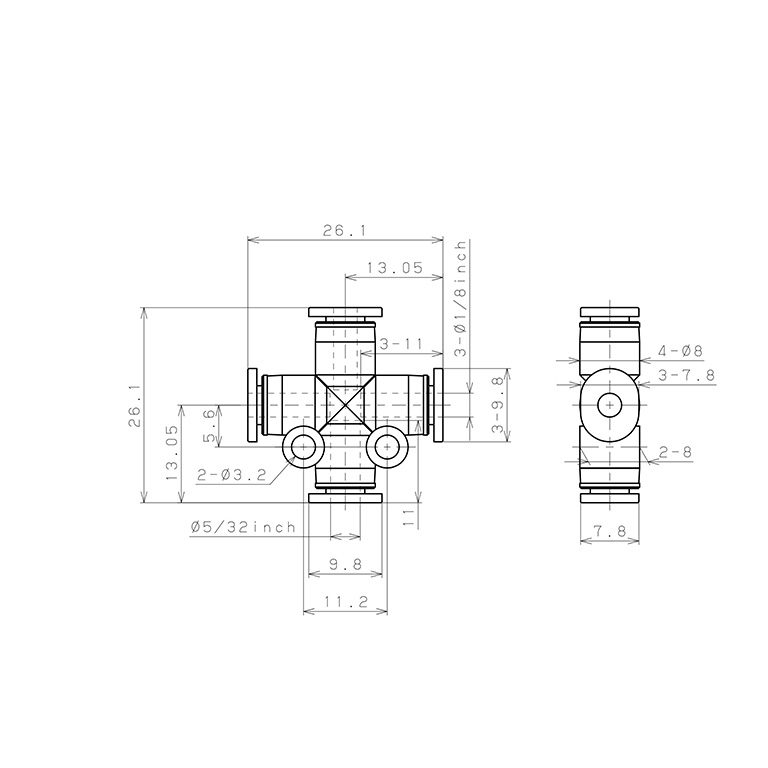 Bản vẽ kỹ thuật Đầu Nối Nhanh Khí Nén Ngã 4 Dạng Nối Giảm Pisco PZC5/32-1/8M