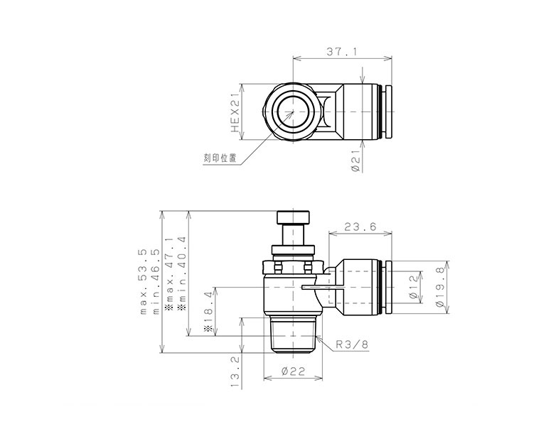 Bản vẽ kỹ thuật Van Tiết Lưu Khí Nén Bằng Nhựa PP Pisco PJSC12-03A-S-C