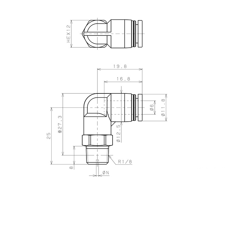 Bản vẽ kỹ thuật Đầu Nối Nhanh Khí Nén Lỗ Trích Khí Nhỏ Pisco PL6-01-0.5