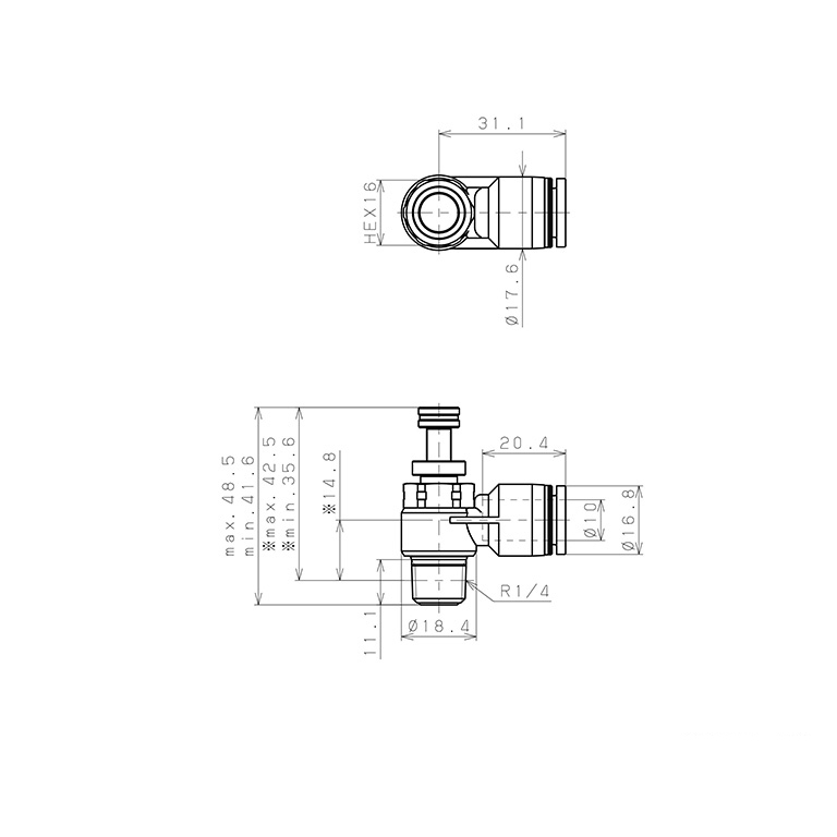 Bản vẽ kỹ thuật Van Tiết Lưu Khí Nén Chân Kim, Nhựa PP Và Inox 304 Pisco PJNC10-02-TP