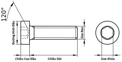 Bản vẽ kỹ thuật Lục Giác Trụ Đầu Thấp Inox 304 DIN7984 M12x45