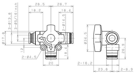 Bản vẽ kỹ thuật Van Chuyển Hướng Khí Nén Ba Ngã Pisco HBV5/16-5/16