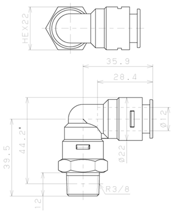 Bản vẽ kỹ thuật Đầu Nối Nhanh Khí Nén Dạng Cong 90° Ren Ngoài Pisco APL12-03-N