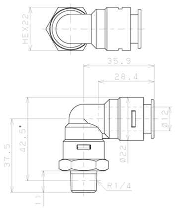 Bản vẽ kỹ thuật Đầu Nối Nhanh Khí Nén Dạng Cong 90° Ren Ngoài Pisco APL12-02-E-TP