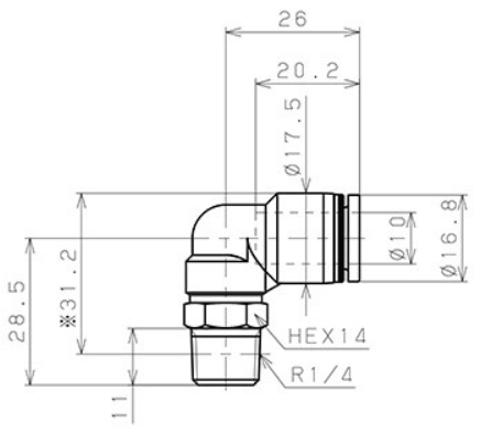 Bản vẽ kỹ thuật Đầu Nối Nhanh Khí Nén Cong 90° Phi 10mm Ren Ngoài R1/4 Pisco PL10-02