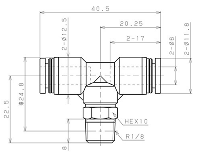 Bản vẽ kỹ thuật Đầu Nối Nhanh Khí Nén Chữ T Phi 6mm Ren Ngoài R1/8 Pisco PB6-01
