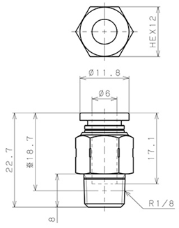 Bản vẽ kỹ thuật Đầu Nối Nhanh Khí Nén Dạng Thẳng Thân Lục Giác Ren Ngoài Pisco PC6-01SUS