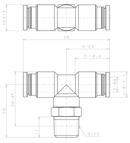 Bản vẽ kỹ thuật Đầu Nối Nhanh Khí Nén Dạng Chữ T Ren Ngoài Pisco KB8-02-1-F