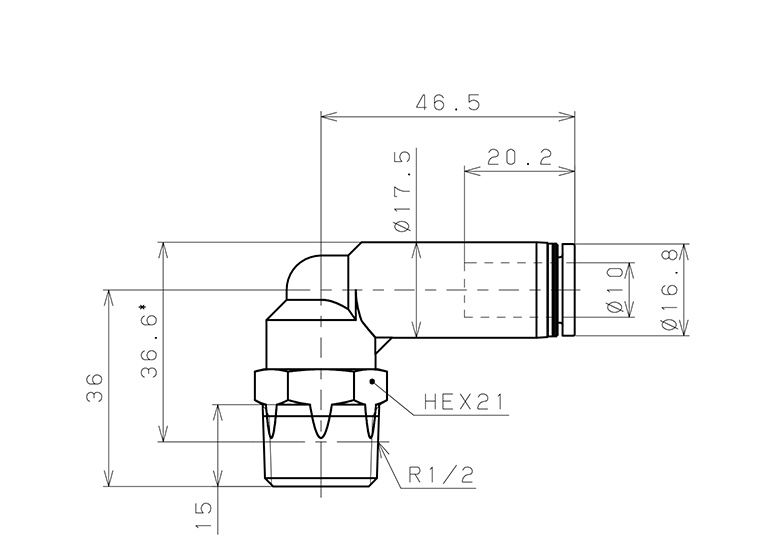 Bản vẽ kỹ thuật Đầu Nối Nhanh Khí Nén Dạng Cong 90° Ren Ngoài Có Van Tự Ngắt Pisco PSL10-04