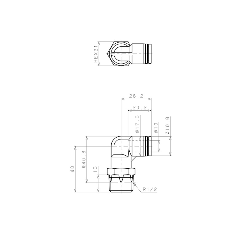 Bản vẽ kỹ thuật Đầu Nối Nhanh Khí Nén Dạng Cong 90° Ren Ngoài Pisco SPL10-04