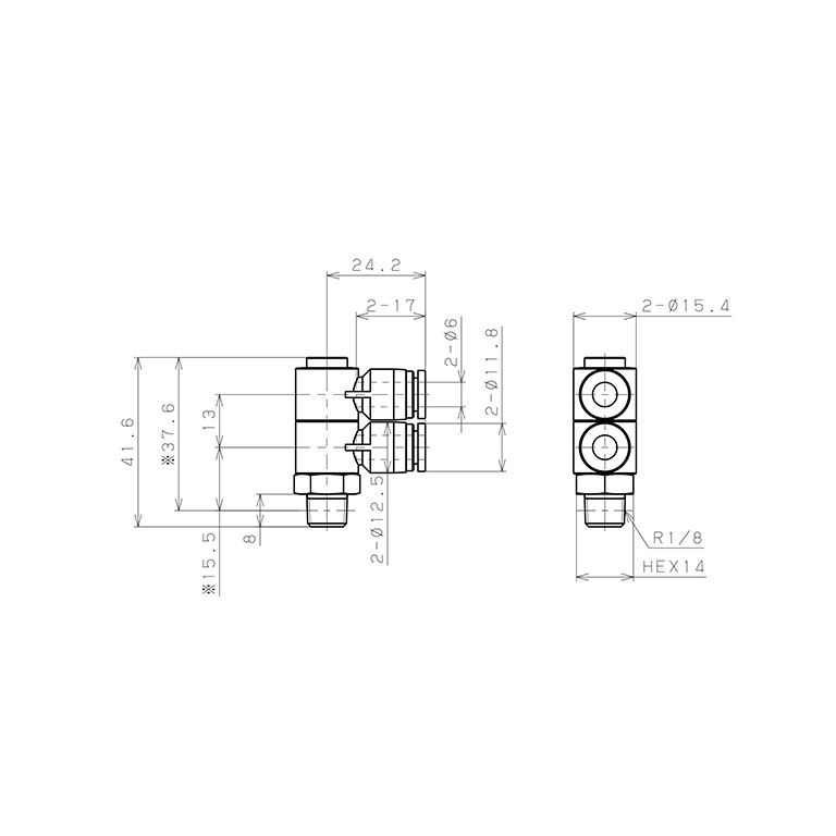 Bản vẽ kỹ thuật Đầu Nối Nhanh Khí Nén Hai Nhánh Cong 90° Thân Lục Giác Trụ Ren Ngoài Pisco SPHW6-01