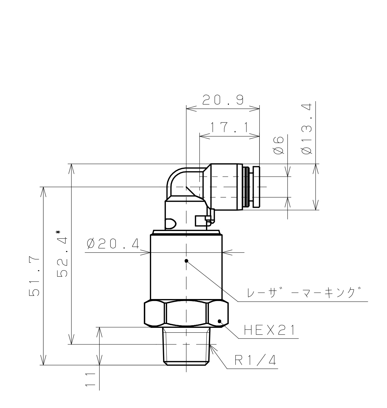 Bản vẽ kỹ thuật Đầu Nối Nhanh Khí Nén Dạng Cong 90° Ren Ngoài Có Khớp Xoay Pisco RAL6-02SUS-F-TP