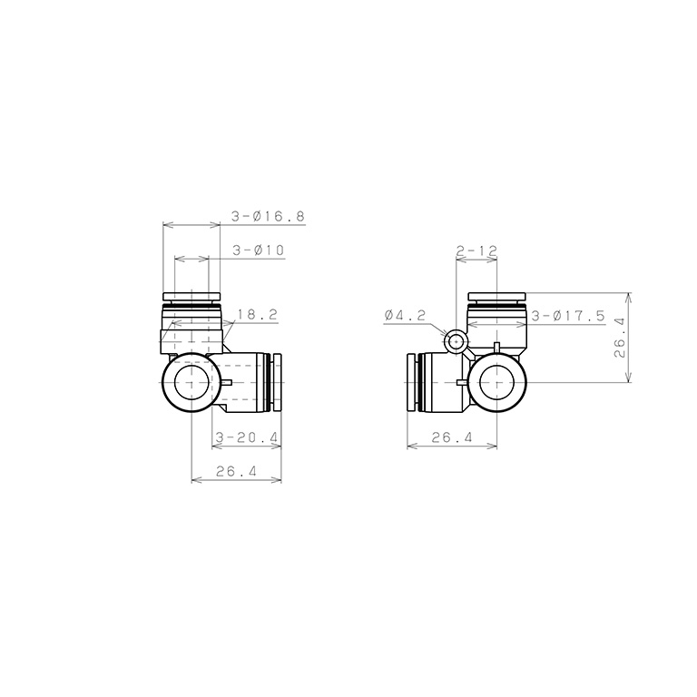 Bản vẽ kỹ thuật Đầu Nối Nhanh Khí Nén Chạc Ba 90° Pisco PVU10SUS