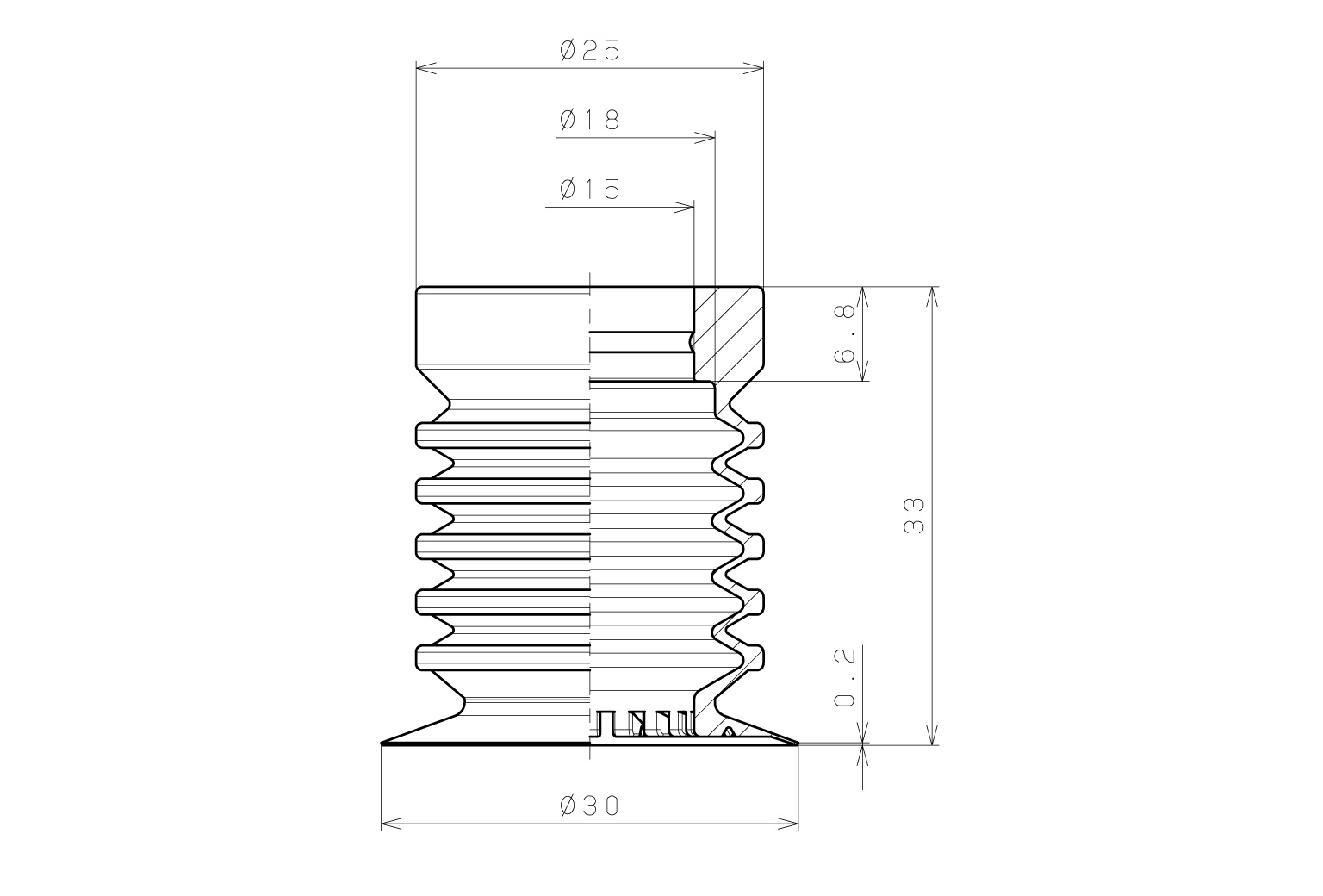 Bản vẽ kỹ thuật Đầu Nấm Hút Chân Không Ngành Bao Bì, Silicone, O.D 30 mm, Pisco VP30PBS45