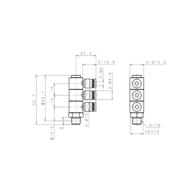Bản vẽ kỹ thuật Đầu Nối Nhanh Khí Nén Ba Nhánh Cong 90° Thân Lục Giác Trụ Ren Ngoài Pisco PHT4-01