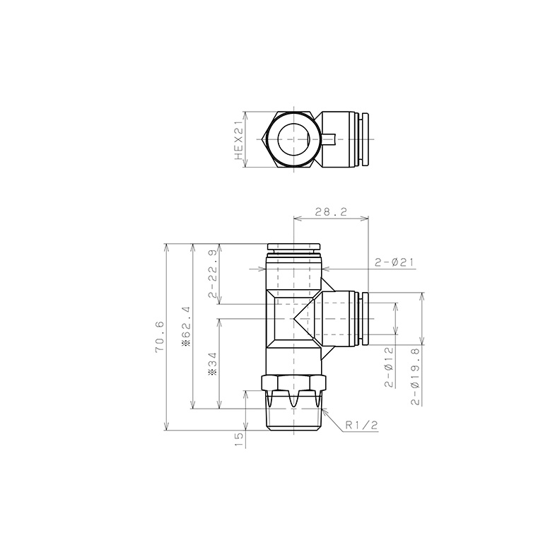 Bản vẽ kỹ thuật Đầu Nối Nhanh Khí Nén Dạng Chữ T Ren Ngoài Pisco SPPD12-04SP