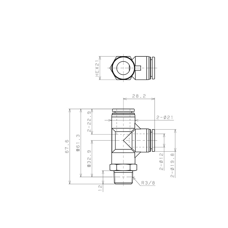 Bản vẽ kỹ thuật Đầu Nối Nhanh Khí Nén Dạng Chữ T Ren Ngoài Pisco SPPD12-03SP