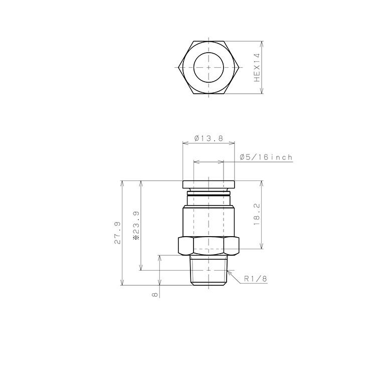 Bản vẽ kỹ thuật Đầu Nối Nhanh Khí Nén Dạng Thẳng Thân Lục Giác Ren Ngoài Pisco PC5/16-01