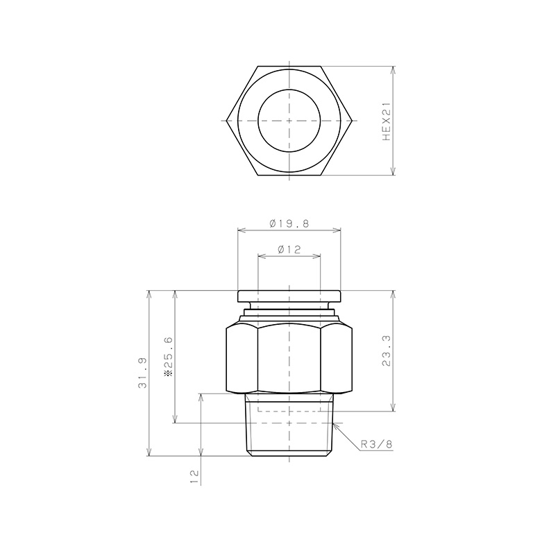Bản vẽ kỹ thuật Đầu Nối Nhanh Khí Nén Dạng Thẳng Thân Lục Giác Ren Ngoài Pisco SPPC12-03SP