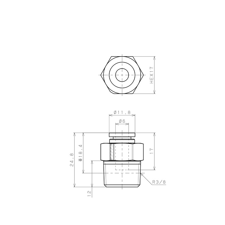 Bản vẽ kỹ thuật Đầu Nối Nhanh Khí Nén Dạng Thẳng Thân Lục Giác Ren Ngoài Pisco SPPC6-03