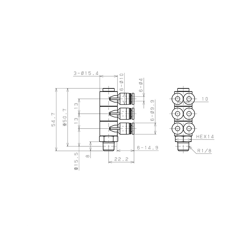 Bản vẽ kỹ thuật Đầu Nối Nhanh Khí Nén Sáu Nhánh Cong 90° Thân Lục Giác Trụ Ren Ngoài Pisco PAT4-01W