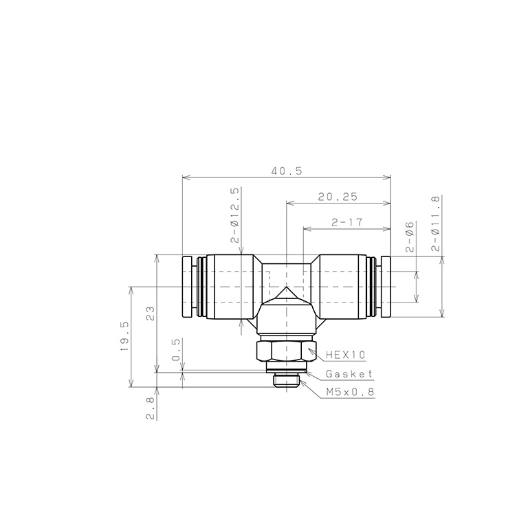 Bản vẽ kỹ thuật Đầu Nối Nhanh Khí Nén Dạng Chữ T Ren Ngoài Pisco PB6-M5EG