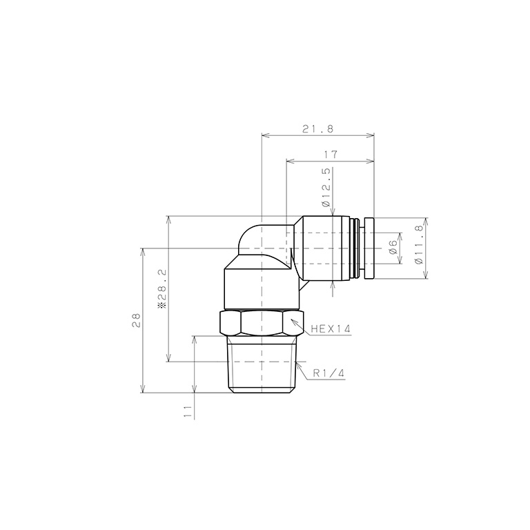 Bản vẽ kỹ thuật Đầu Nối Nhanh Khí Nén Dạng Cong 90° Ren Ngoài Pisco PL6-02EG