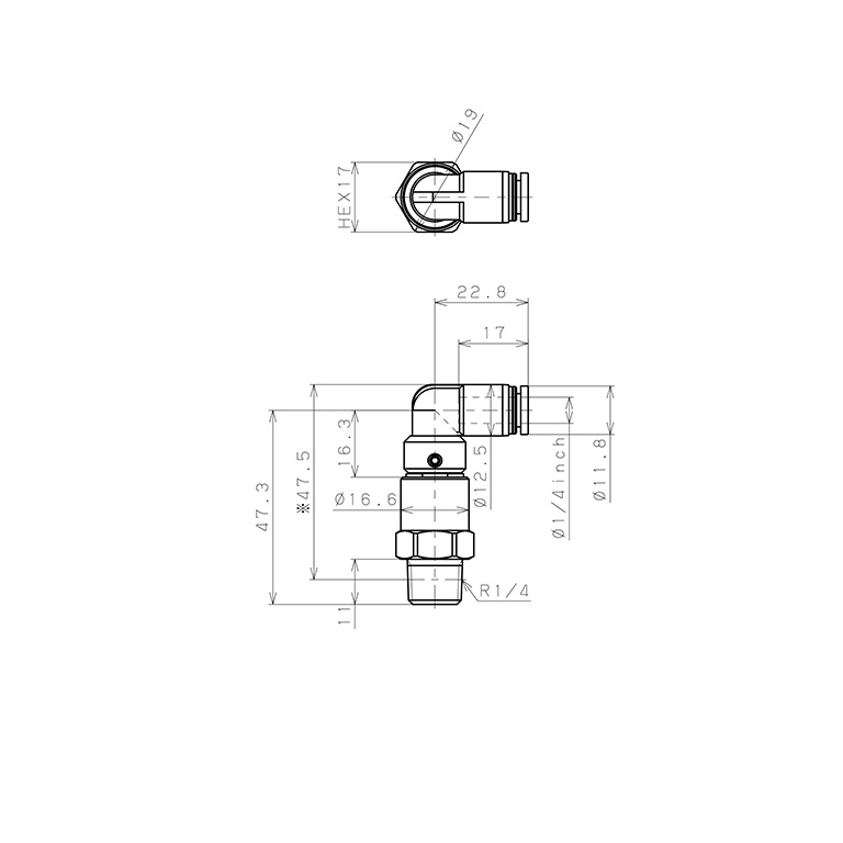 Bản vẽ kỹ thuật Đầu Nối Nhanh Khí Nén Dạng Cong 90° Ren Ngoài Có Khớp Xoay Tốc Độ Cao Pisco RHL1/4-02