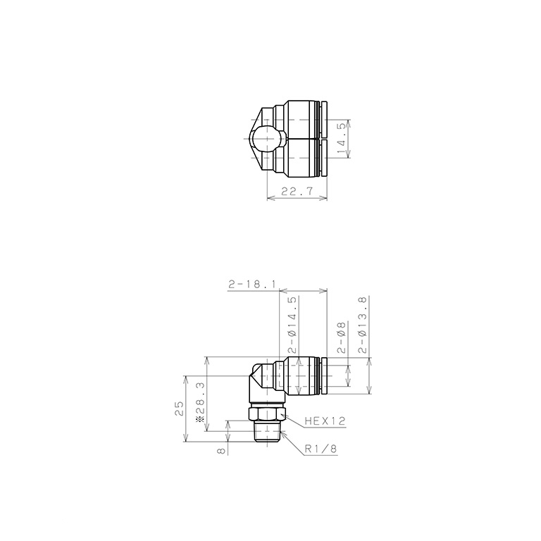 Bản vẽ kỹ thuật Đầu Nối Nhanh Khí Nén Hai Nhánh Cong 90° Ren Ngoài Pisco PAX8-01-C