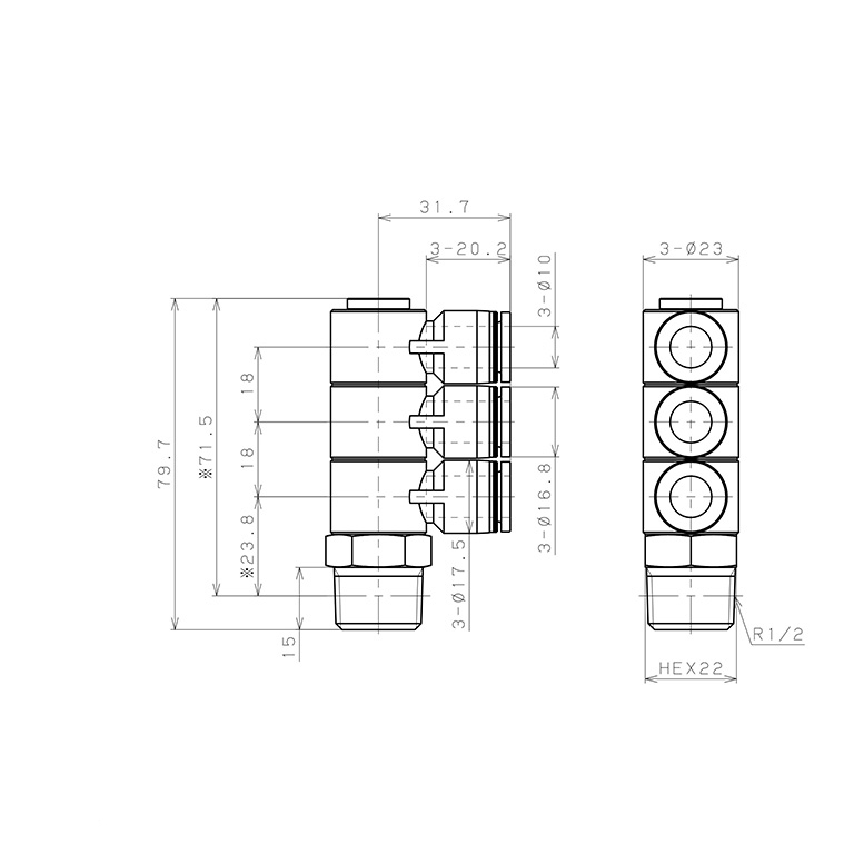 Bản vẽ kỹ thuật Đầu Nối Nhanh Khí Nén Ba Nhánh Cong 90° Thân Lục Giác Trụ Ren Ngoài Pisco PHT10-04-C