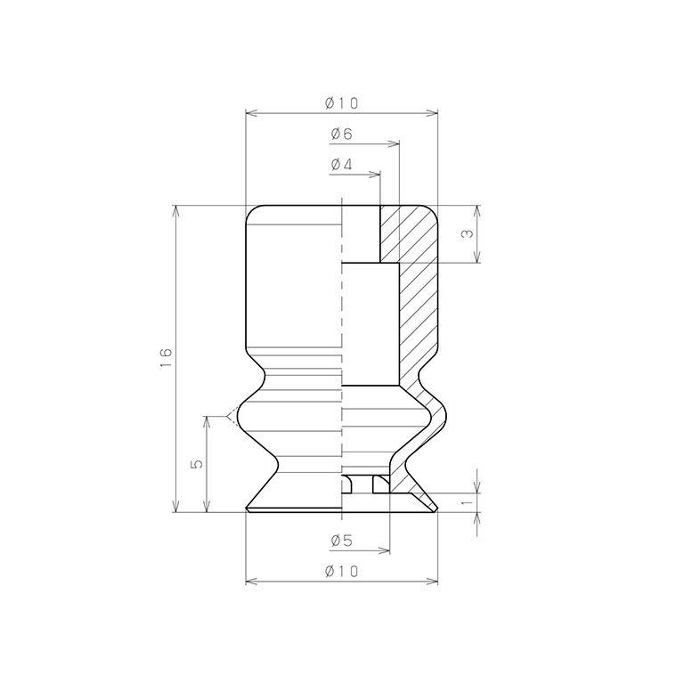 Bản vẽ kỹ thuật Đầu Nấm Hút Chân Không Dạng Lò Xo, Cao Su Nitrile Dẫn Điện (Điện Trở Thấp), O.D 10 mm, Pisco VP10BNE