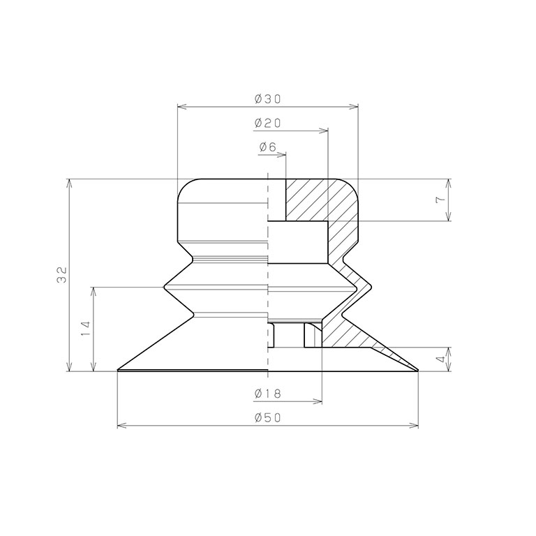 Bản vẽ kỹ thuật Đầu Nấm Hút Chân Không Dạng Lò Xo, Nitrile, O.D 50 mm, Pisco VP50BN