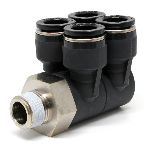 Đầu Nối Nhanh Khí Nén Bốn Nhánh Cong 90° Thân Lục Giác Trụ Ren Ngoài Pisco PAW12-03
