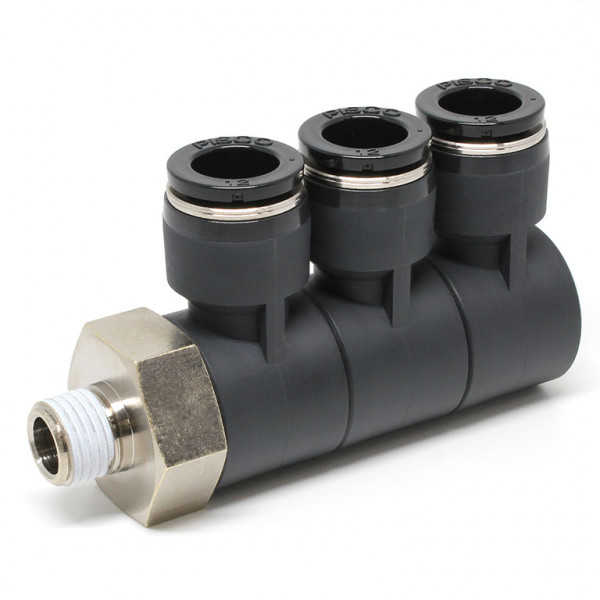 Đầu Nối Nhanh Khí Nén Ba Nhánh Cong 90° Thân Lục Giác Trụ Ren Ngoài Pisco PHT12-02-C