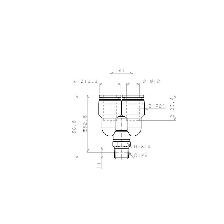 Bản vẽ kỹ thuật Đầu Nối Nhanh Khí Nén Dạng Chữ Y Ren Ngoài Pisco PX12-02W-C