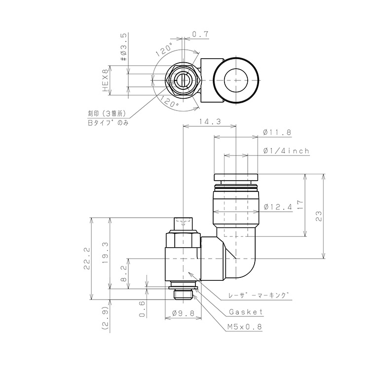 Bản vẽ kỹ thuật Van Tiết Lưu Khí Nén Đầu Vít Dẹp Pisco JSDS1/4-M5B