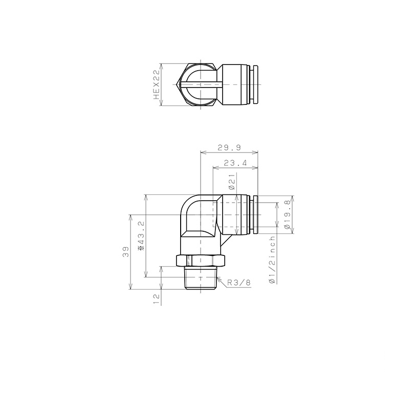 Bản vẽ kỹ thuật Đầu Nối Nhanh Khí Nén Dạng Cong 90° Ren Ngoài Pisco PPL1/2-03-TP